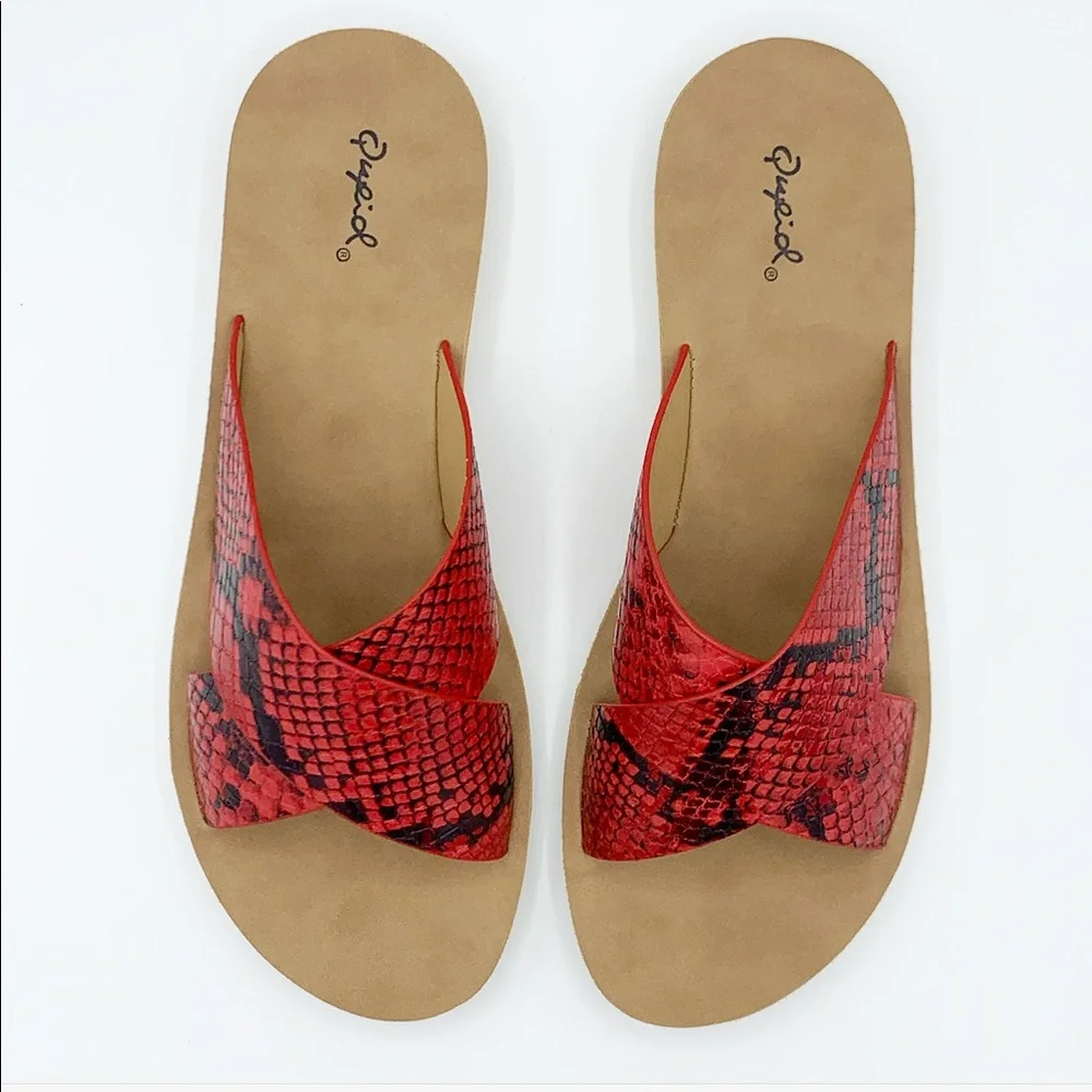 Red Snakeskin Print Sandals Flat Slide Criss Cross Slip On - Picture 4 of 8